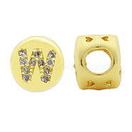 Brass Micro Pave Clear Cubic Zirconia Beads, Flat Round with Letter, Letter.W, 7.5x6.5mm, Hole: 3.5mm, 3pcs/bag(KK-T030-LA843-WX3)