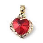 Real 18K Gold Plated Rack Plating Brass Micro Pave Clear Cubic Zirconia Pendants, with Glass, Long-Lasting Plated, Cadmium Free & Lead Free, Heart Charm, Red, 21.5x17x8mm, Hole: 5x3.2mm(KK-C015-16G-07)