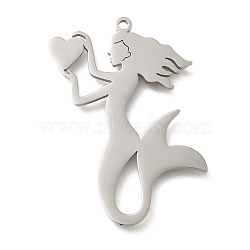 Anti-Tarnish 304 Stainless Steel Pendants, Mermaid Charm, Stainless Steel Color, 37x30x1.5mm, Hole: 1.5mm(STAS-R131-13P)