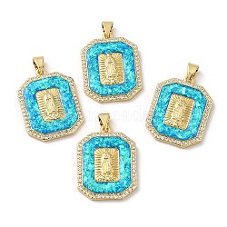 Rack Plating Brass Micro Pave Cubic Zirconia with Synthetic Opal Pendants, with Jump Ring, Lead Free & Cadmium Free, Long-Lasting Plated, Rectangle with Saint, Real 18K Gold Plated, 23.5x18x3mm, Hole: 5x3.3mm(KK-D088-23G)