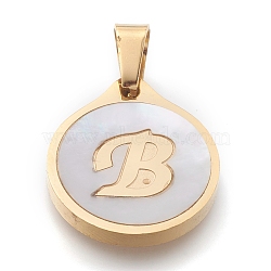 304 Stainless Steel Pendants, with Shell, Flat Round with Alphabet, Golden, Letter.B, 20.5x18x2.5mm, Hole: 7x4mm(STAS-O138-21p-B)