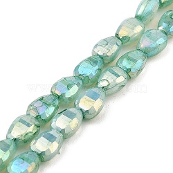 Imitation Jade Glass Beads Strands, AB Color Plated, Faceted, Teardrop, Medium Sea Green, 9x6x4.5mm, Hole: 2.2mm, about 58pcs/strand, 20.67''(52.5cm)(GLAA-P058-06A-05)