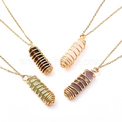 Double Pointed Mixed Stone Pendant Necklace for Girl Women, Wire Wrap Pendant 304 Stainless Steel Necklace, Golden, 17.9 inch(45.5cm)(NJEW-JN03684)