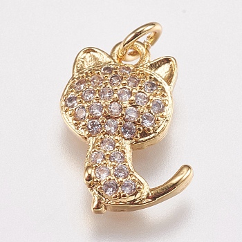 Brass Micro Pave Cubic Zirconia Kitten Charms, Cat Silhouette Shape, Golden, 14x9x2.5mm, Hole: 2mm