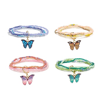 Glass Seed Beads Beaded Multi-strand Bracelets, Alloy Enamel Butterfly Charm Stretch Bracelets for Woman, Golden, Inner Diameter: 1-7/8~2 inch(4.9~5.2cm)