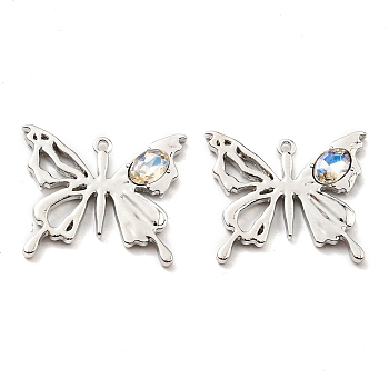Rack Plating Alloy with Glass Pendants, Lead Free & Cadmium Free, Butterfly Charm, Platinum, 19x23x3mm, Hole: 1.2mm