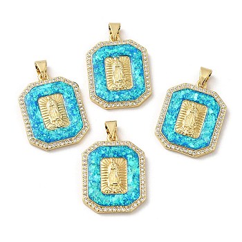 Rack Plating Brass Micro Pave Cubic Zirconia with Synthetic Opal Pendants, with Jump Ring, Lead Free & Cadmium Free, Long-Lasting Plated, Rectangle with Saint, Real 18K Gold Plated, 23.5x18x3mm, Hole: 5x3.3mm