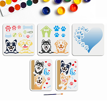 US 1 Set PET Hollow Out Drawing Painting Stencils, for DIY Scrapbook, Photo Album, with 1Pc Art Paint Brushes, Dog, 210~300x297~300mm, 5pcs/set