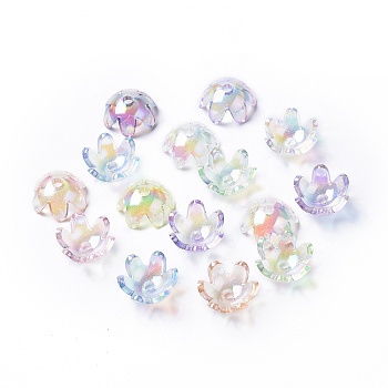 Plating Rainbow Opaque Acrylic Beads, Glitter, 6-Petal, Flower, Mixed Color, 14x14x6.5mm, Hole: 2.1mm