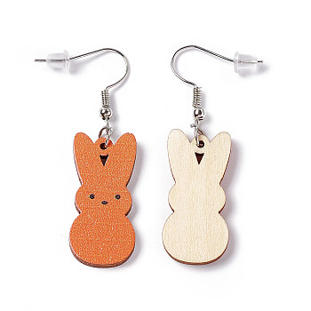 Rabbit Wooden Dangle Earrings, Platinum Tone Iron Earring with Ear Nut for Women, Coral, 52mm, Pin: 0.7mm, Pendant: 31x14.5x2.7mm