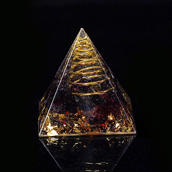 Orgonite Pyramid Resin Display Decorations, with Brass Findings, Gold Foil and Natural Garnet Chips Inside, for Home Office Desk, 30mm