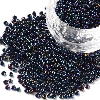 12/0 Glass Seed Beads, Metallic Colours, Round, Round Hole, Prussian Blue, 12/0, 2mm, Hole: 1mm, about 3333pcs/50g, 50g/bag, 18bags/2pounds