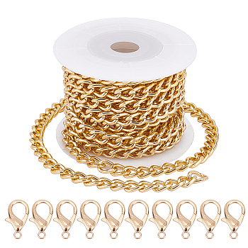 DIY Chain Necklace Making Kits, Including 3m Aluminium Curb Chain, 10Pcs Zinc Alloy Lobster Claw Clasps and Spools, Light Gold, 10x7x3mm