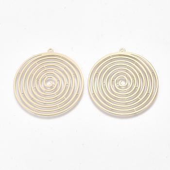 Brass Pendants, Etched Metal Embellishments, Flat Round, Light Gold, 36x34x0.3mm, Hole: 1.4mm