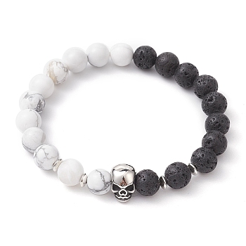 Halloween Natural Howlite and Lava Rock Beaded Stretch Bracelets, with 304 Stainless Steel Skull Beads, Stainless Steel Color, 3/8 inch(0.85cm), Inner Diameter: 2-3/8 inch(5.9cm)