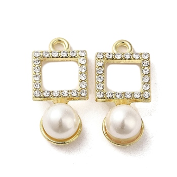 Alloy with Rhinestone Pendants, with ABS Imitation Pearl, Square Charms, Golden, 25x12x9mm, Hole: 2mm
