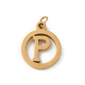 304 Stainless Steel Charms
with Jump Ring, Golden, Ring with Letter Charm, Letter P, 14.5x12x1.5mm, Hole: 3mm