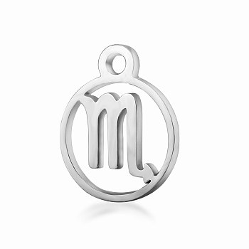 201 Stainless Steel Charms, Flat Round with Constellation, Stainless Steel Color, Scorpio, 13.4x10.8x1mm, Hole: 1.5mm