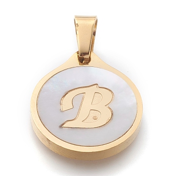 304 Stainless Steel Pendants, with Shell, Flat Round with Alphabet, Golden, Letter.B, 20.5x18x2.5mm, Hole: 7x4mm