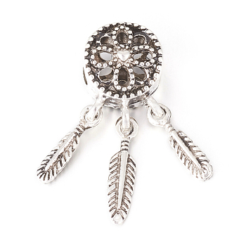 Alloy European Beads, Large Hole Beads, with CCB Plastic Feather Charms, Woven Net/Web with Feather, Antique Silver, 27.5x10.5x9mm, Hole: 5mm, Charm: 15x3.5x1.5mm