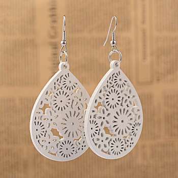 Simple Design Filigree Teardrop Wood Dangle Earrings, with Platinum Plated Iron Earring Hooks, White, 70mm, Pin: 0.8mm