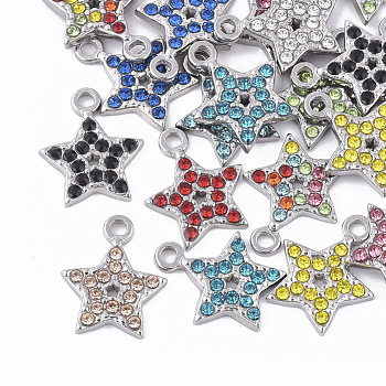 304 Stainless Steel Pendants, with Rhinestone, Star, Mixed Color, 15.5x13x2mm, Hole: 2mm