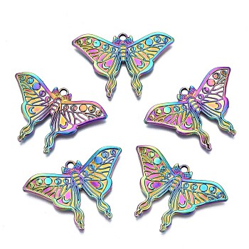 Rainbow Color Alloy Pendants, Cadmium Free & Nickel Free & Lead Free, Butterfly, 32x47x3mm, Hole: 2.5mm
