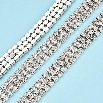 Brass Crystal Rhinestone Strass Chains, Three Rows Rhinestone Cup Chains, Soldered, with Spool, Silver, 8mm, about 32.81 Feet(10m)/Roll
