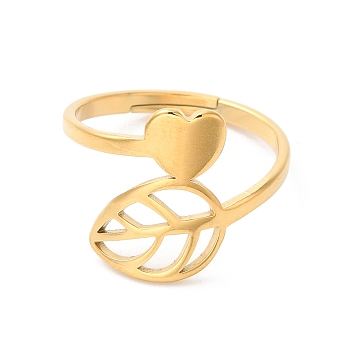 Ion Plating(IP) 304 Stainless Steel Heart & Leaf Adjustable Ring for Women, Golden, Inner Diameter: 17mm