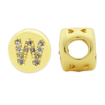 Brass Micro Pave Clear Cubic Zirconia Beads, Flat Round with Letter, Letter.W, 7.5x6.5mm, Hole: 3.5mm, 3pcs/bag