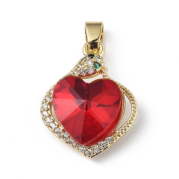 Real 18K Gold Plated Rack Plating Brass Micro Pave Clear Cubic Zirconia Pendants, with Glass, Long-Lasting Plated, Cadmium Free & Lead Free, Heart Charm, Red, 21.5x17x8mm, Hole: 5x3.2mm