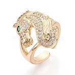 Brass Micro Pave Cubic Zirconia Cuff Open Rings, Horse, Real 16K Gold Plated, US Size 7 1/4(17.5mm)(KK-T080-36G)