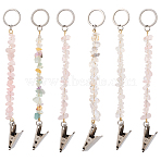 6Pcs Natural Rose Quartz & Quartz Crystal Keychain, with 304 Stainless Steel Rings & Iron Clips, 150mm, 6pcs/set(KEYC-GF00005)