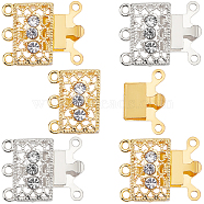 6 Sets 2 Colors 3-Strand 6-Hole Brass Filigree Box Clasps, with Crystal Rhinestone, Rectangle, Platinum & Golden, 17x18x7mm, Hole: 1.5mm, 3 sets/colors(KK-SC0002-98)