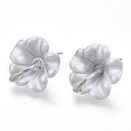 Spray Painted Alloy Stud Earring Findings, with Stainless Steel Pins and Loop, Flower, Platinum, White, 18x18mm, Hole: 1.4mm, Pin: 1mm(PALLOY-N152-05P)