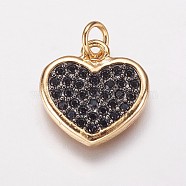Brass Cubic Zirconia Charms, Heart, Golden, 13.5x13x1.5mm, Hole: 3.5mm(KK-P134-20B-G)