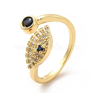 Cubic Zirconia Evil Eye & Glass Flat Round Open Cuff Ring, Brass Jewelry for Women, Real 18K Gold Plated, US Size 8 1/2(18.5mm)(KK-H439-01G)