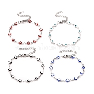Enamel Rhombus with Evil Eye Link Chains Bracelet, 304 Stainless Steel Jewelry for Women, Stainless Steel Color, Mixed Color, 6-5/8 inch(16.8cm)(BJEW-P271-03P)
