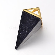 Synthetic Blue Goldstone Point Pendulum Pendants, with Golden Plated Brass Findings, 30~34x15x15mm, Hole: 5x6mm(G-E301-05G)