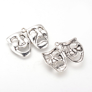 Tibetan Style Alloy Comedy and Tragedy Pendants, Mardi Gras Charms, Cadmium Free & Lead Free, Drama Mask, Antique Silver, 22.5x31x4mm, Hole: 2mm(X-TIBE-Q070-99AS-RS)