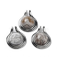 Natural Mexican Agate Pendants, Rack Plating Platinum Plated Brass Half Round Charms, Cadmium Free & Lead Free, 28x22.5x10mm, Hole: 2x4mm(G-M405-06P-05)