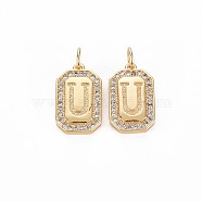 Brass Micro Pave Clear Cubic Zirconia Pendants, Nickel Free, Real 18K Gold Plated, Rectangle with Letter, Letter.U, 16x9.5x2mm, Jump Ring: 5x0.5mm, Inner Diameter: 3mm(KK-S356-767U)