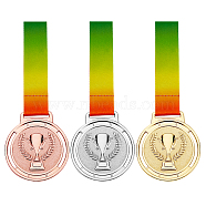 3Pcs 3 Colors Zinc Alloy Medal, with Polyester Lanyard, Flat Round with Trophy, Mixed Color, 505mm, 1pc/color(AJEW-CN0001-33)