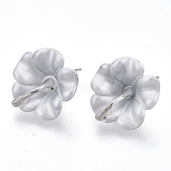 Spray Painted Alloy Stud Earring Findings, with Stainless Steel Pins and Loop, Flower, Platinum, White, 18x18mm, Hole: 1.4mm, Pin: 1mm(PALLOY-N152-05P)