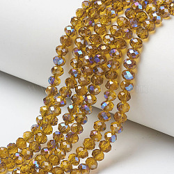 Electroplate Glass Beads Strands, Half Plated, Blue Plated, Faceted, Rondelle, Dark Goldenrod, 4x3mm, Hole: 0.4mm, about 123~127pcs/strand, 16.5~16.9 inch(42~43cm)(EGLA-A034-T4mm-I17)