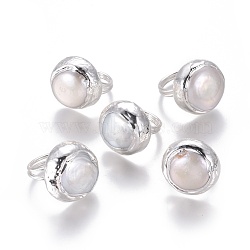 Adjustable Pearl Rings, with Brass Findings, Flat Round, Silver Color Plated, Size 6, 16mm(RJEW-K229-E02)