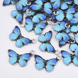 Printed Alloy Pendants, with Enamel, Butterfly, Platinum, Deep Sky Blue, 13.5x20x2mm, Hole: 1.6mm(X-PALLOY-R111-15A)