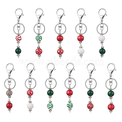 Dyed Natural Wood Round Beaded Keychain, with Iron Alloy Lobster Claw Clasp, Mixed Color, 12.3cm, 11pcs/set(KEYC-JKC00931)