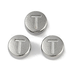 Anti-Tarnish 304 Stainless Steel Beads, Flat Round with Letter, Stainless Steel Color, Letter T, 7x3.8mm, Hole: 1.8mm(STAS-L082-019T-P)