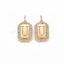 Brass Micro Pave Clear Cubic Zirconia Pendants, Nickel Free, Real 18K Gold Plated, Rectangle with Letter, Letter.U, 16x9.5x2mm, Jump Ring: 5x0.5mm, Inner Diameter: 3mm(KK-S356-767U)